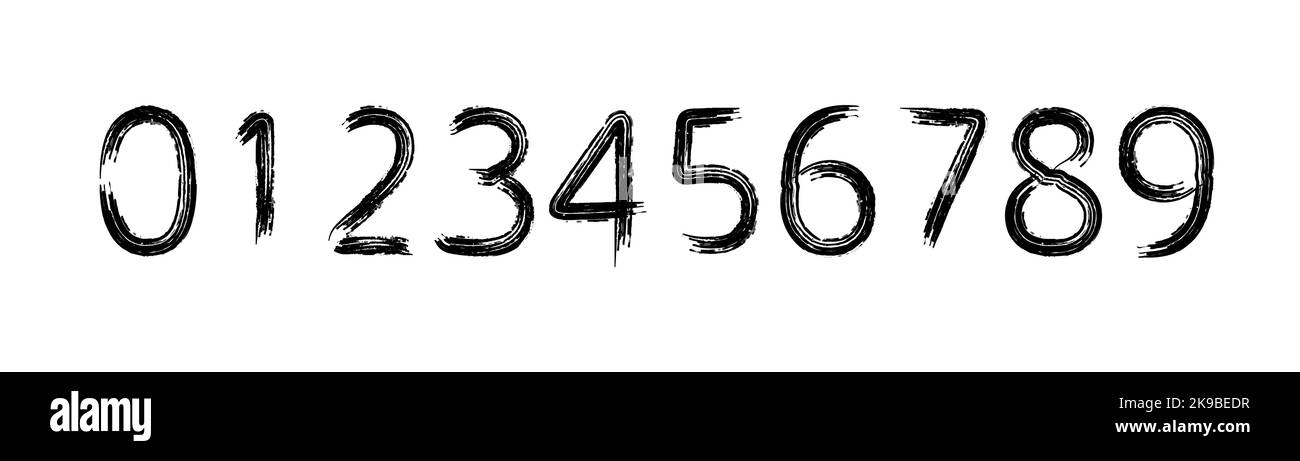Numeri da 0 a 9 disegno a pennello nero, immagine vettoriale Illustrazione Vettoriale