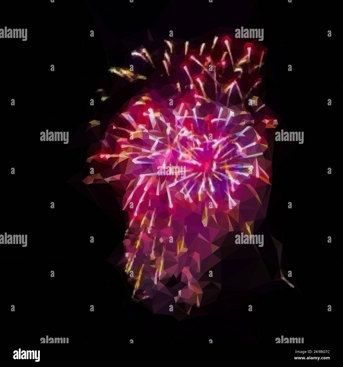 sfondo con fuochi d'artificio. Esplosioni colorate di notte. Vettore in stile Poly basso. Illustrazione Vettoriale