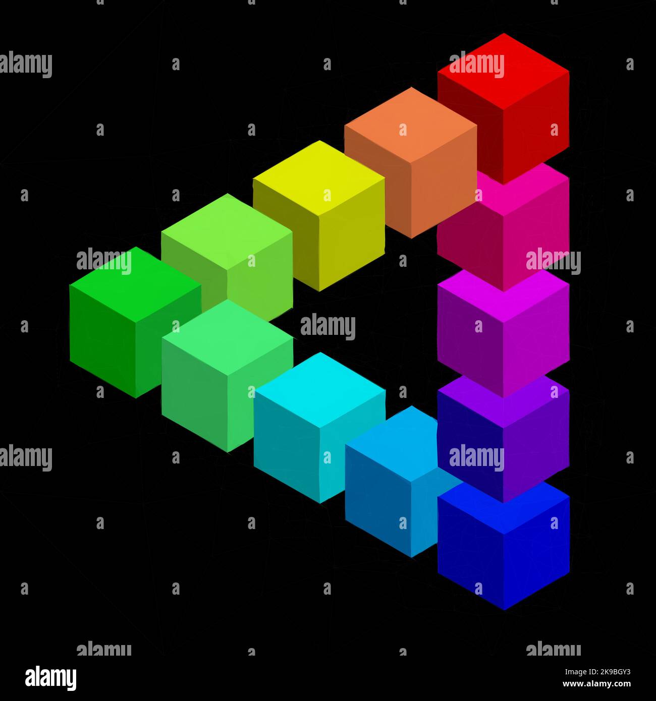 lo sfondo del cubo astratto mostra i colori. Sono disposti per creare un'illusione ottica. Vettore in stile Poly basso. Illustrazione Vettoriale