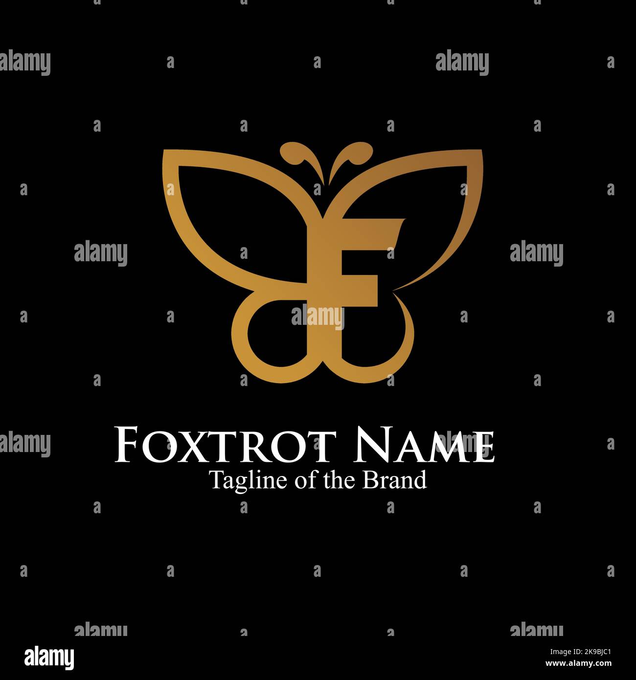 Lettera F all'interno del logo Buterfly. Testo iniziale logo di lusso. Disegno vettoriale del logo farfalla. Illustrazione Vettoriale