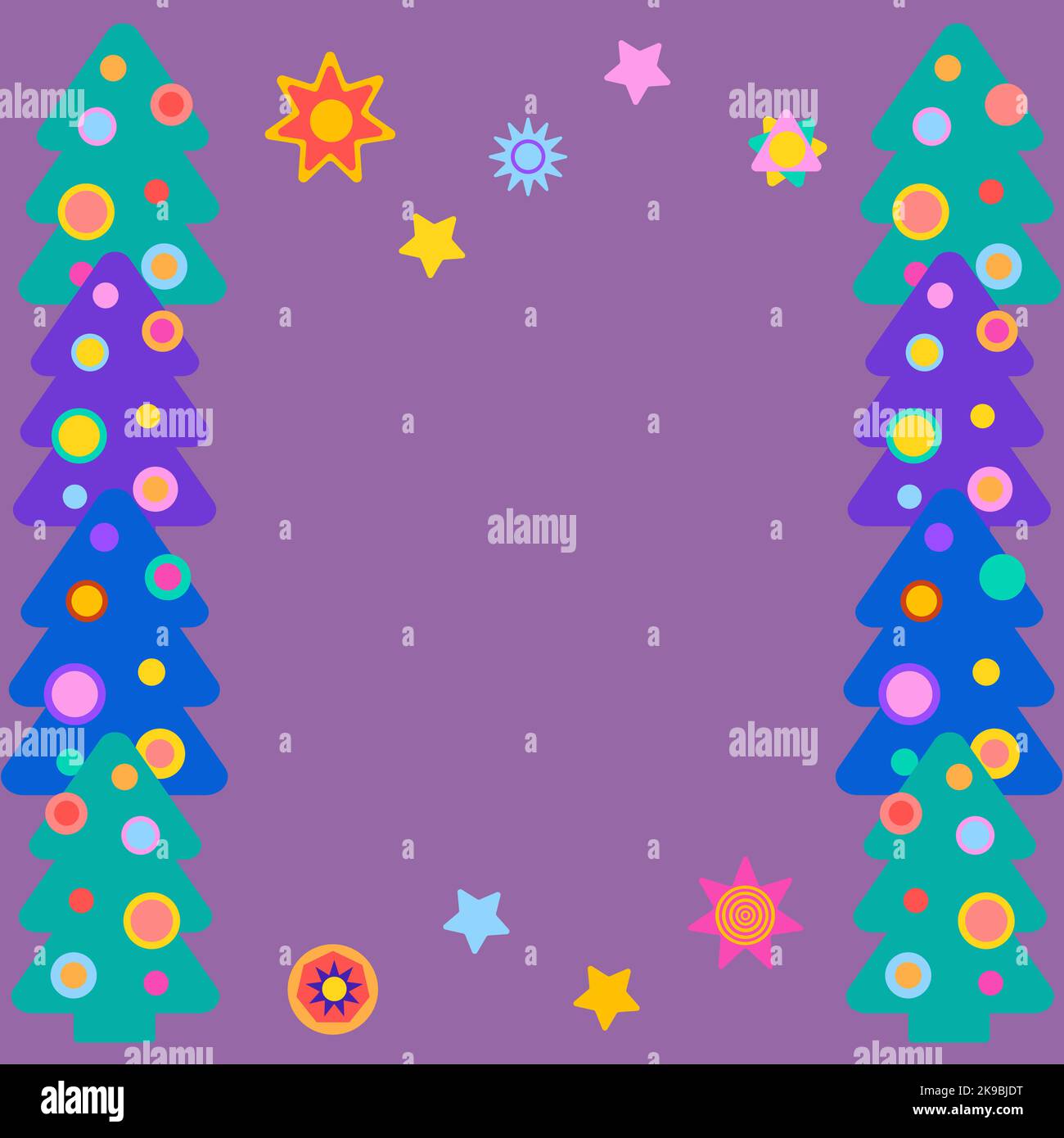 Cornice di Capodanno o confine con colorati alberi di Natale e stelle. Spazio di copia. Illustrazione Vettoriale