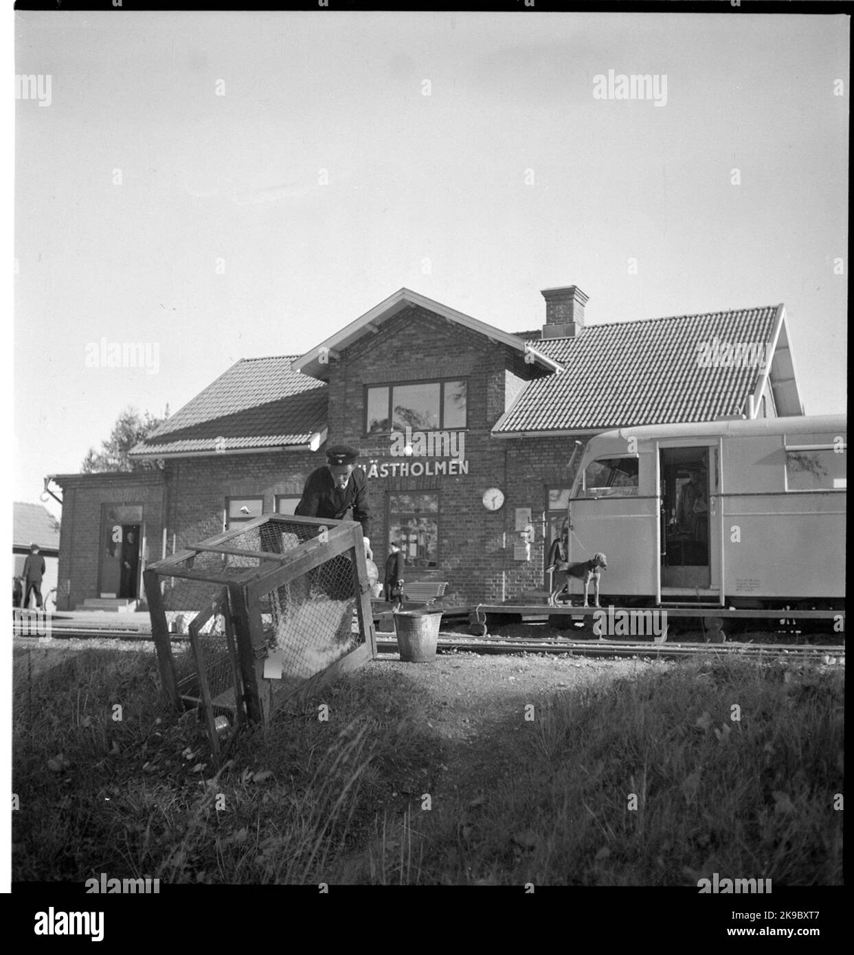 Pulizia della gabbia. Stazione di Hästholmen. Rälsbuss appartenne alle Ferrovie di Stato, SJ YDO1 422. Foto Stock