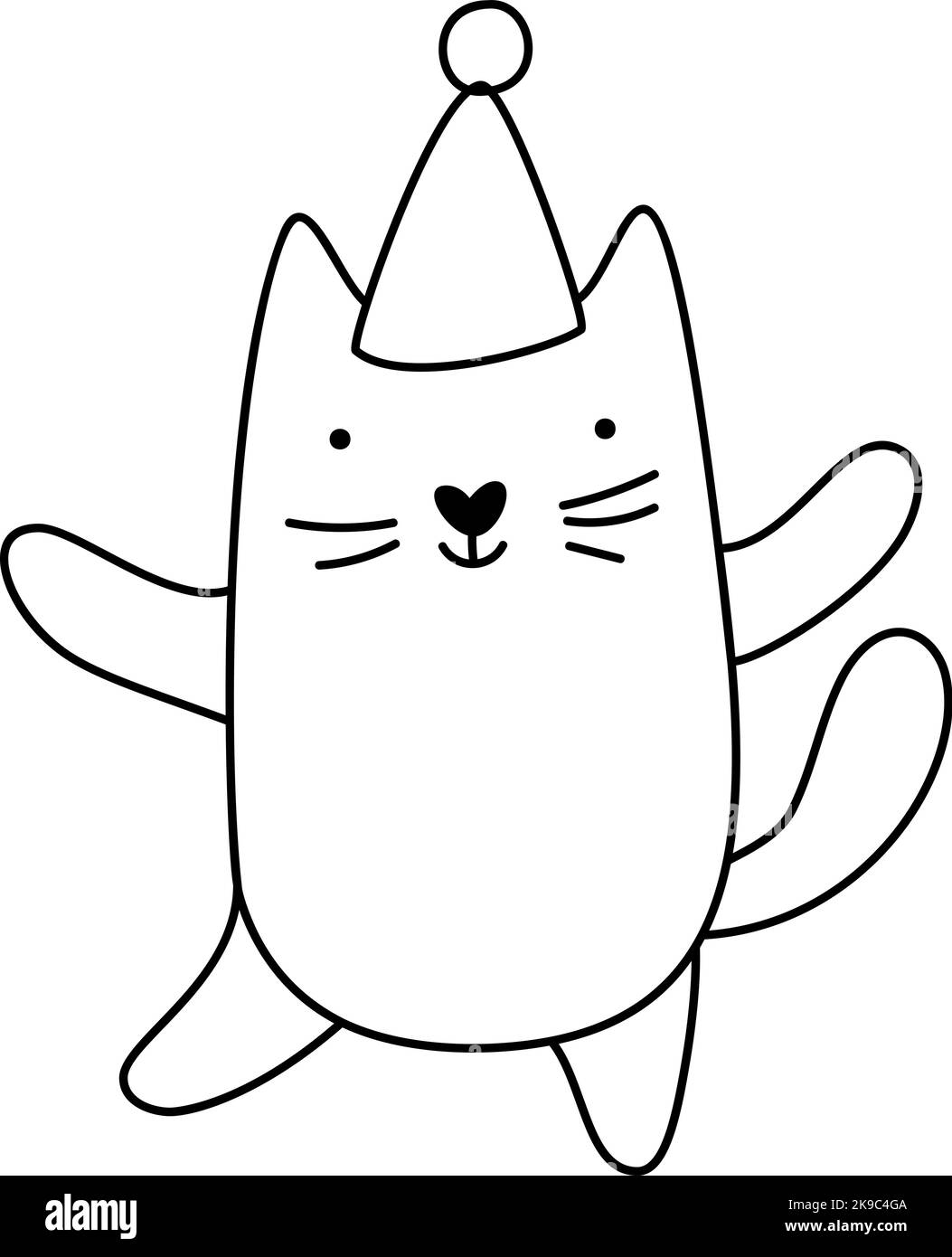 Carino bambino Natale cartone animato vettore inverno gatto in cappello. Linee bianche e nere. Doodle in stile scandinavo per il nuovo anno. Risorsa grafica per grafica Illustrazione Vettoriale