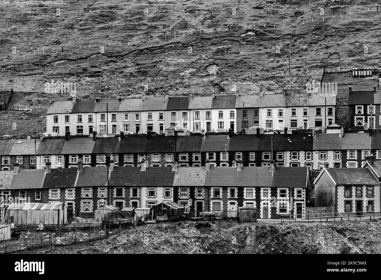File di case a schiera colorate nella valle di Rhondda Fach nel Galles meridionale, Regno Unito - originariamente minatori 'casa. Foto scattata nel 1980. Bianco e nero. Foto Stock