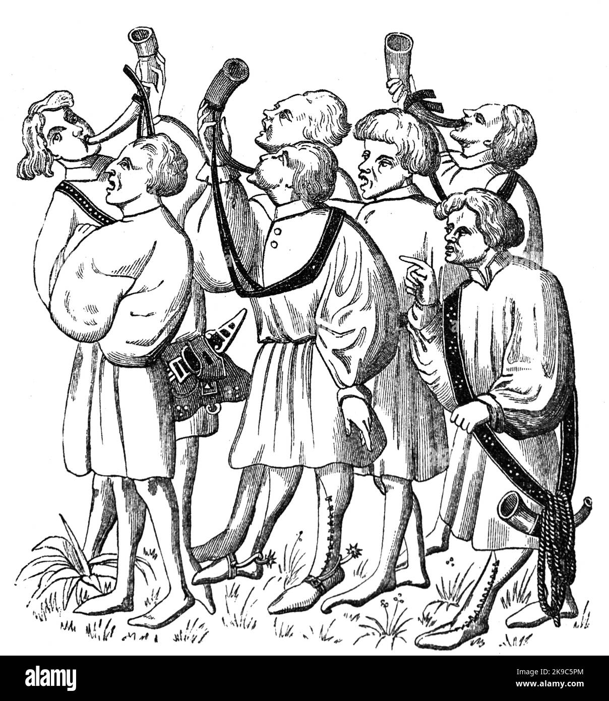 Europa. Caccia. Cacciatori con corna da caccia. Incisione, 19th ° secolo. Foto Stock