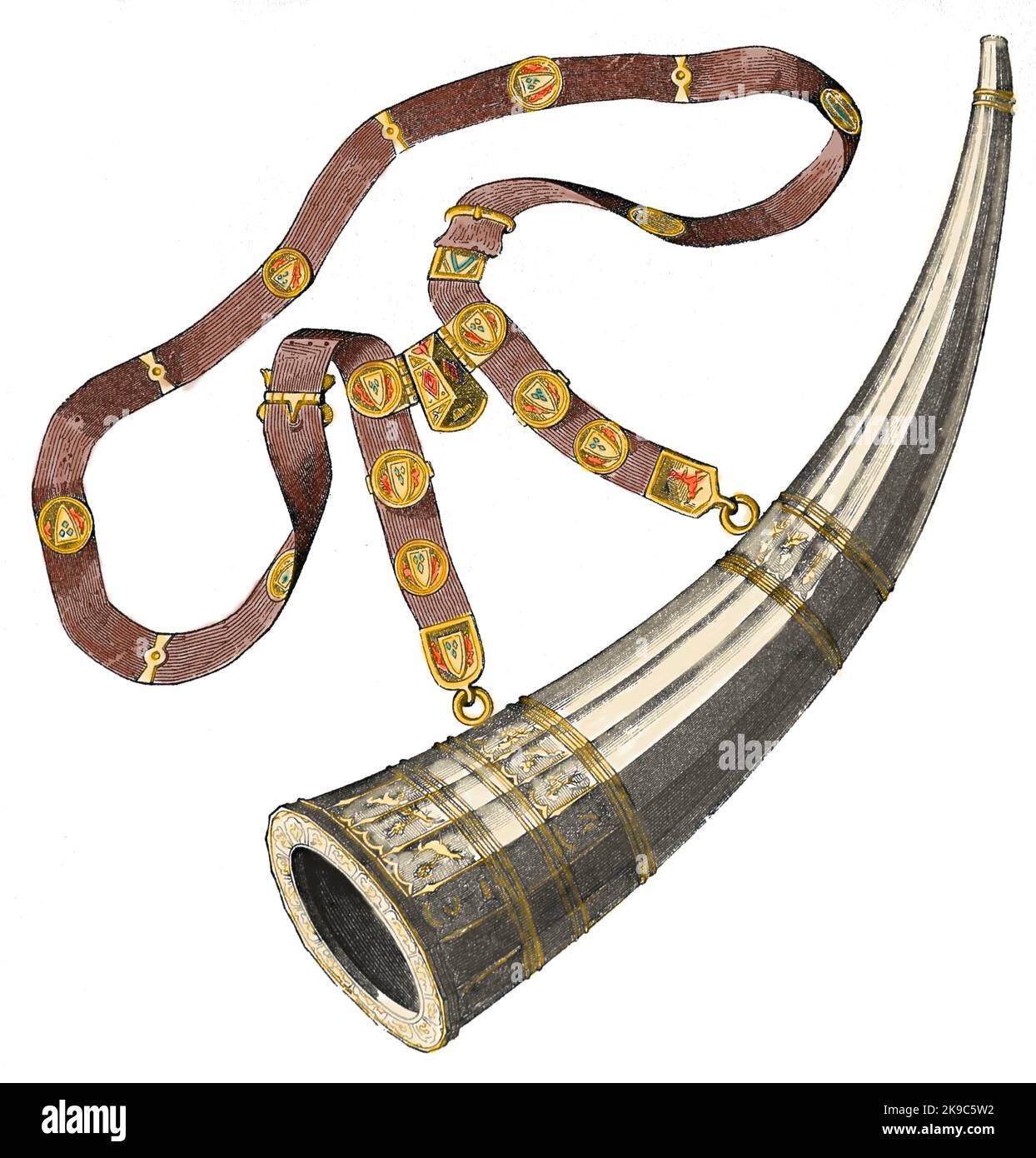 Medioevo. Oliphant, o corno da caccia. Incisione, XIX secolo. Foto Stock