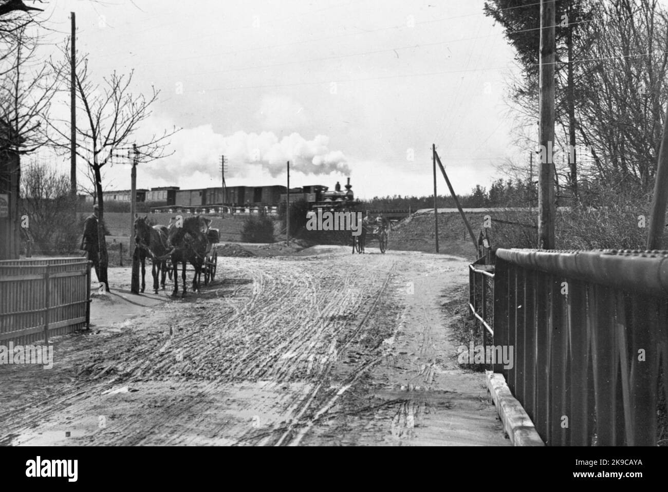 Treno sul ponte ferroviario. Sulla strada due cavalli di trasporto da esso si trova un uomo. Foto Stock