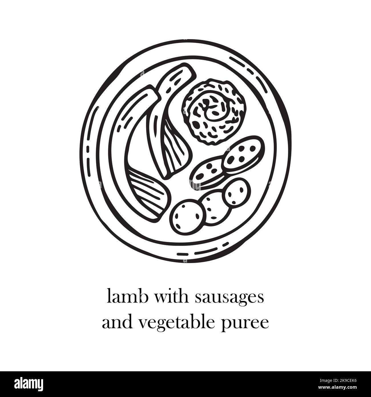 Illustrazione vettoriale del piatto di Natale scandinavo - agnello con salsicce e purea di verdure. Illustrazione disegnata a mano. Illustrazione Vettoriale