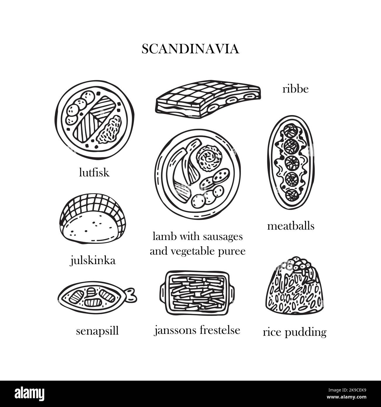 Set vettoriale di illustrazioni dei piatti natalizi scandinavi. Illustrazione disegnata a mano. Illustrazione Vettoriale