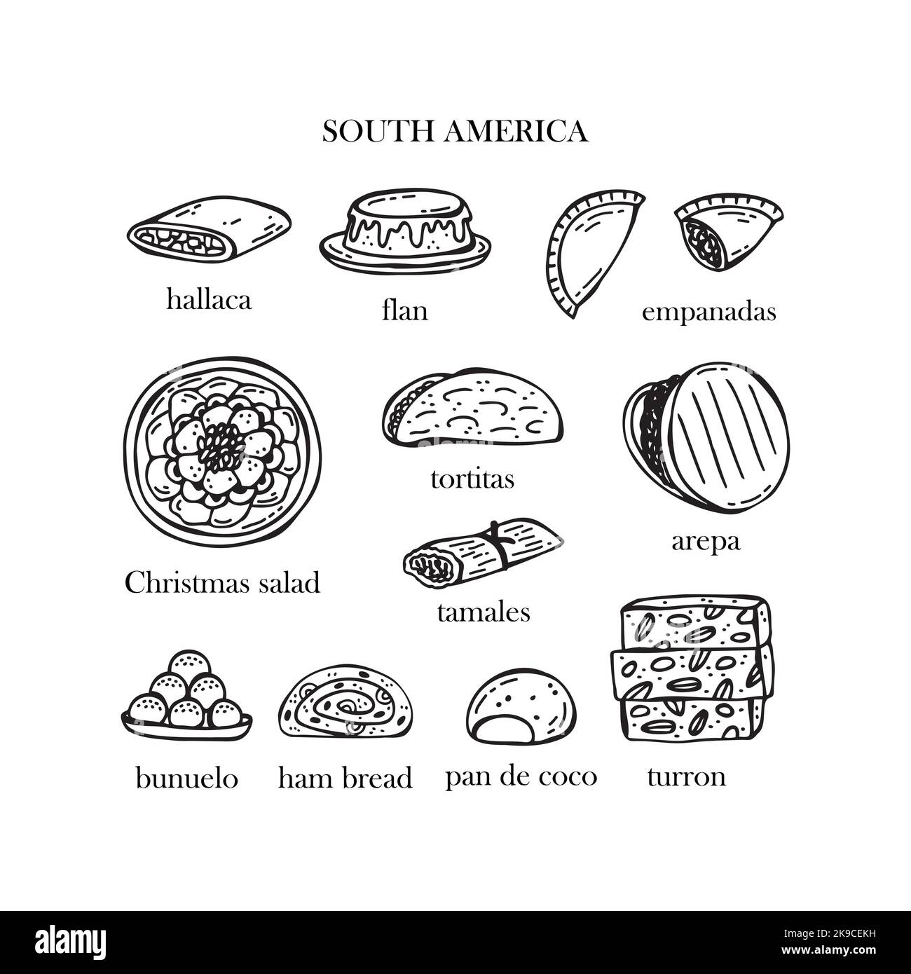 Set vettoriale di illustrazioni dei piatti natalizi del Sud America. Illustrazione disegnata a mano. Illustrazione Vettoriale