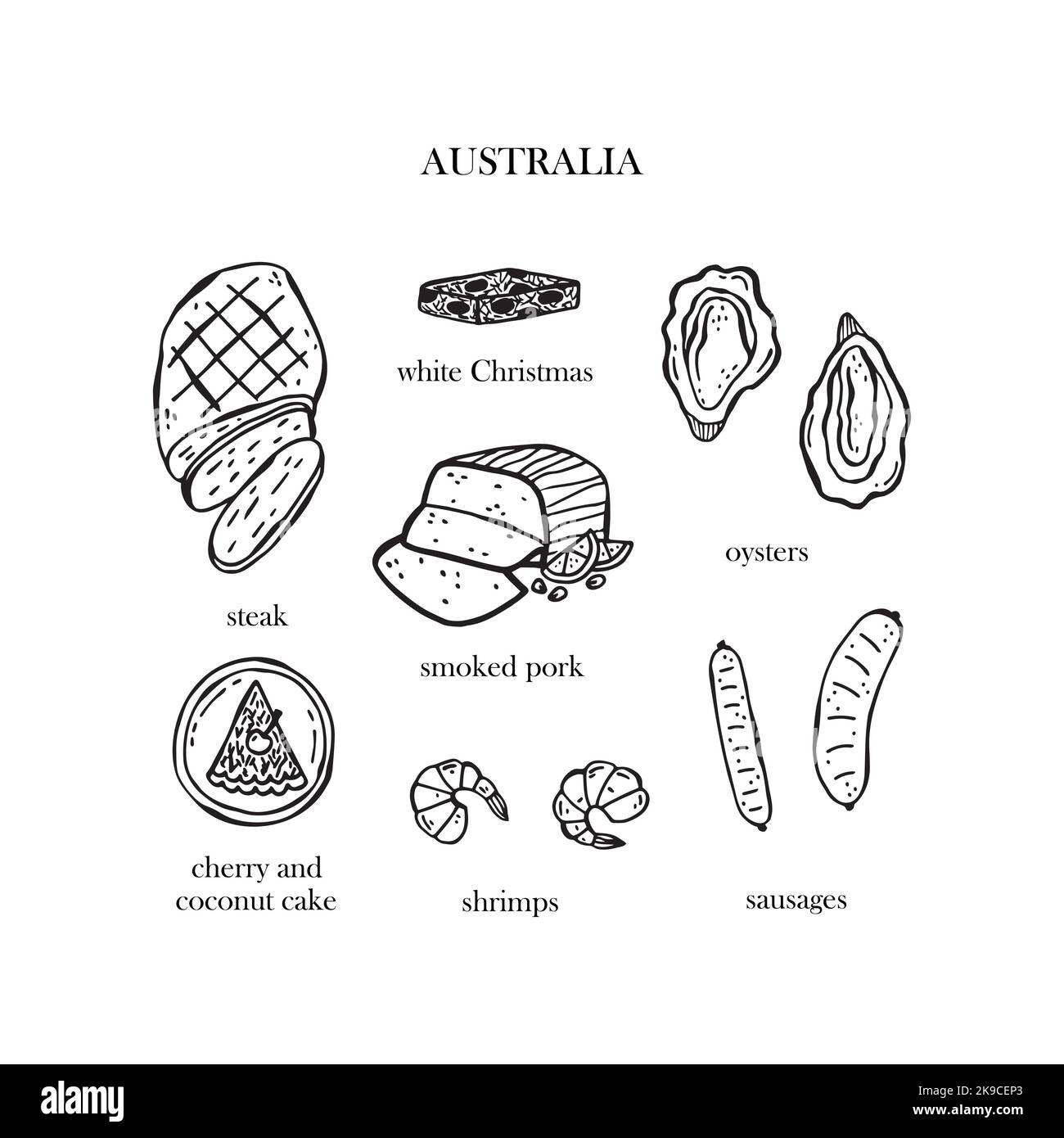 Set vettoriale di illustrazioni dei piatti di Natale australiani. Illustrazione disegnata a mano. Illustrazione Vettoriale