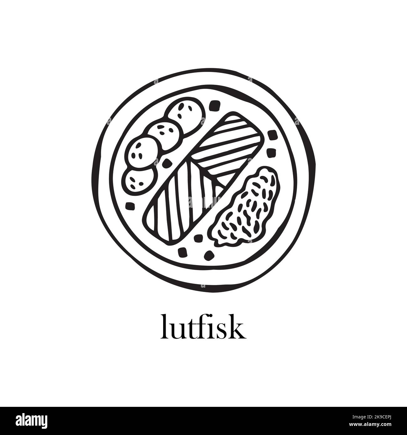 Illustrazione vettoriale del piatto di Natale scandinavo - lutfisk. Illustrazione disegnata a mano. Illustrazione Vettoriale