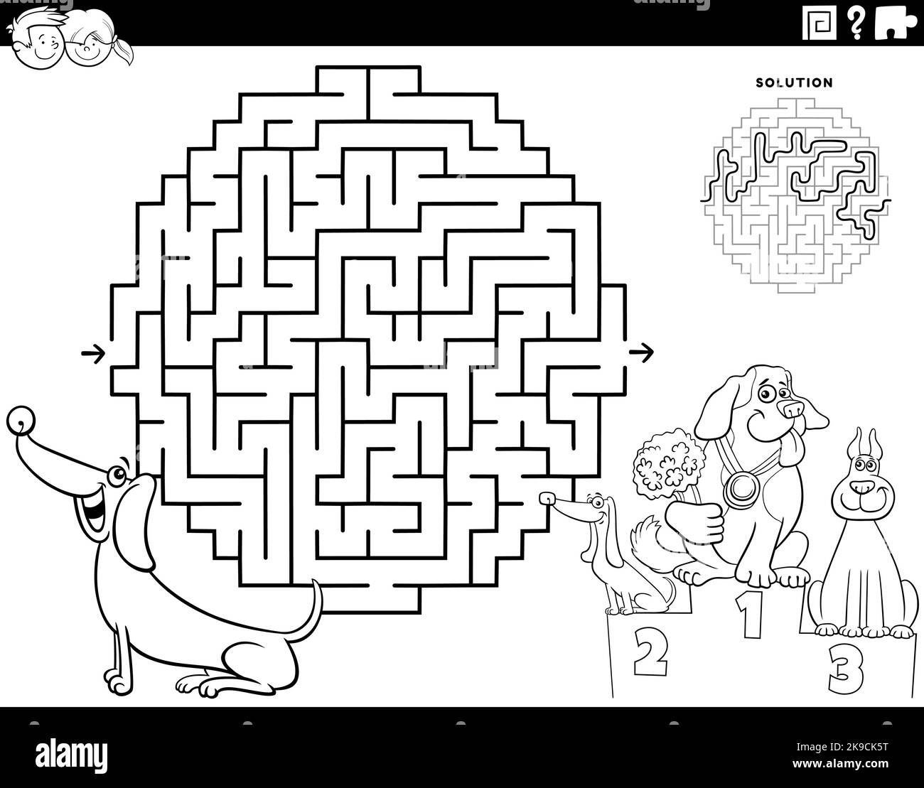 Illustrazione cartoon in bianco e nero di un gioco educativo puzzle labirinto per bambini con il cane dachshund e il cane mostra pagina da colorare Illustrazione Vettoriale
