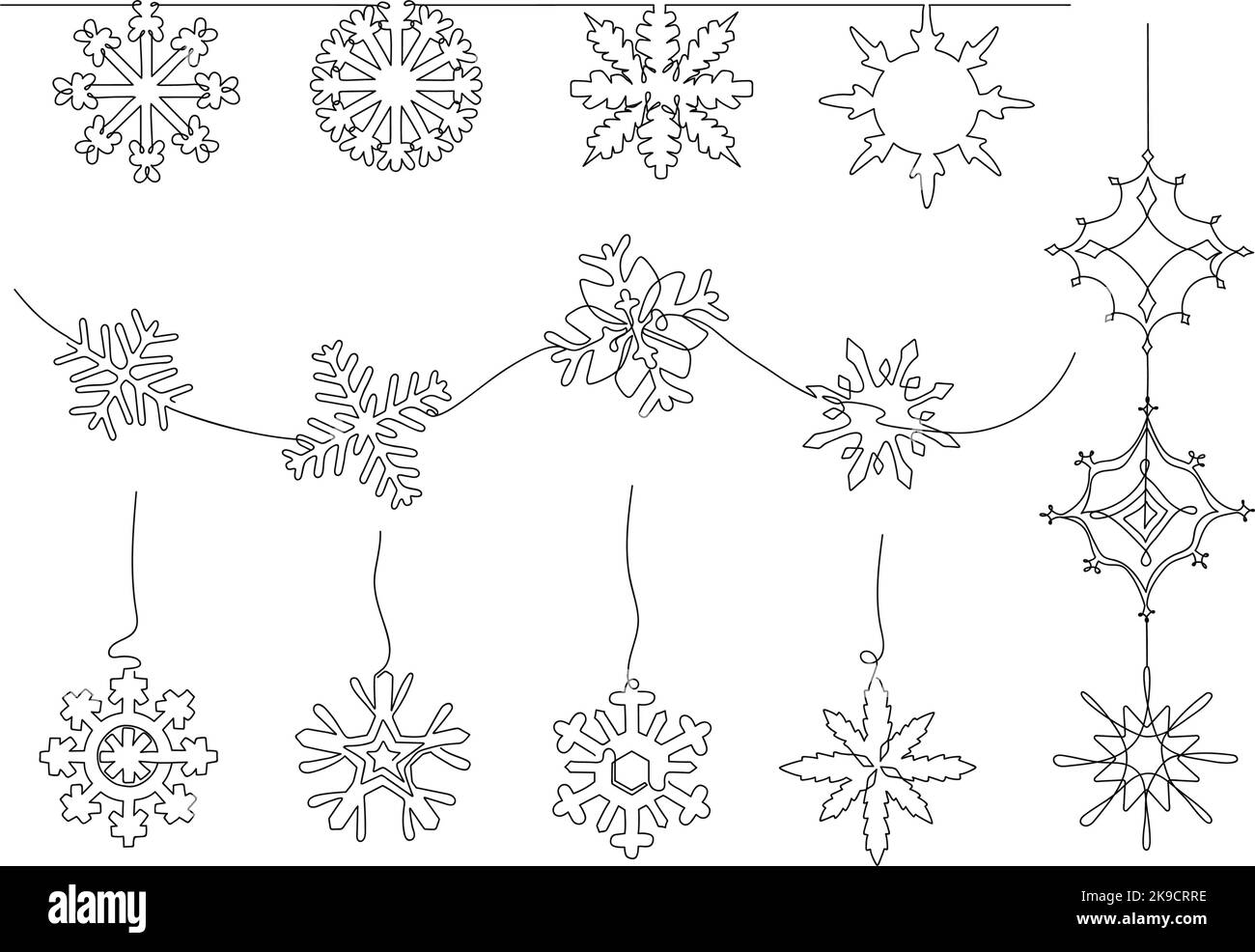Una linea di decorazione con fiocchi di neve. Spartigrano, fiocchi appesi decorazioni e fiocchi di neve su onda linea continua vettore arte set Illustrazione Vettoriale