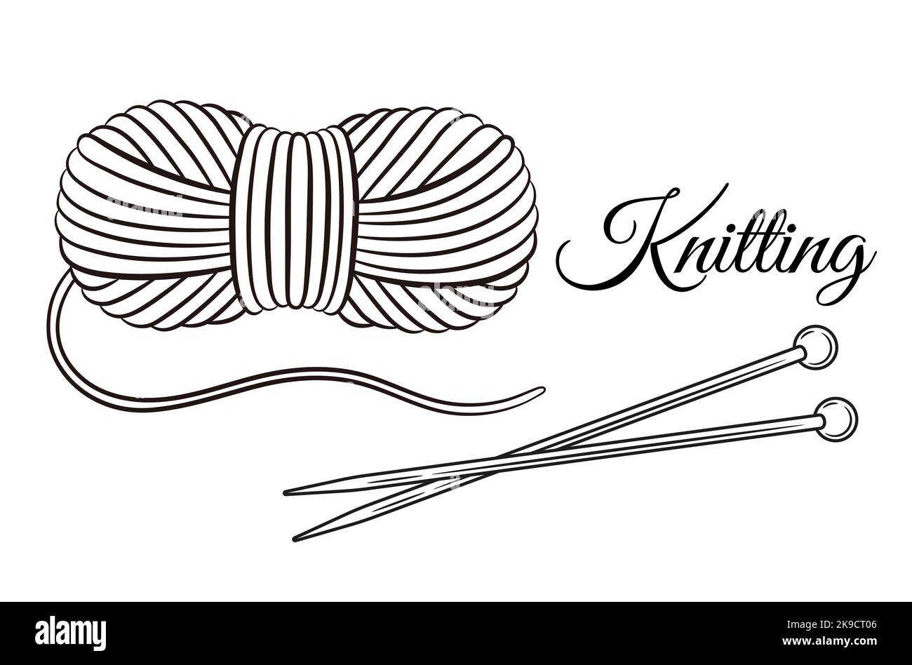 Filato di lana matassa, filo a sfera con aghi per maglieria, icona a filo lavorato a mano. Rotolo di filamenti Clew per lavori di taglio. Vettore hobby per lavorazione ad ago a mano Illustrazione Vettoriale