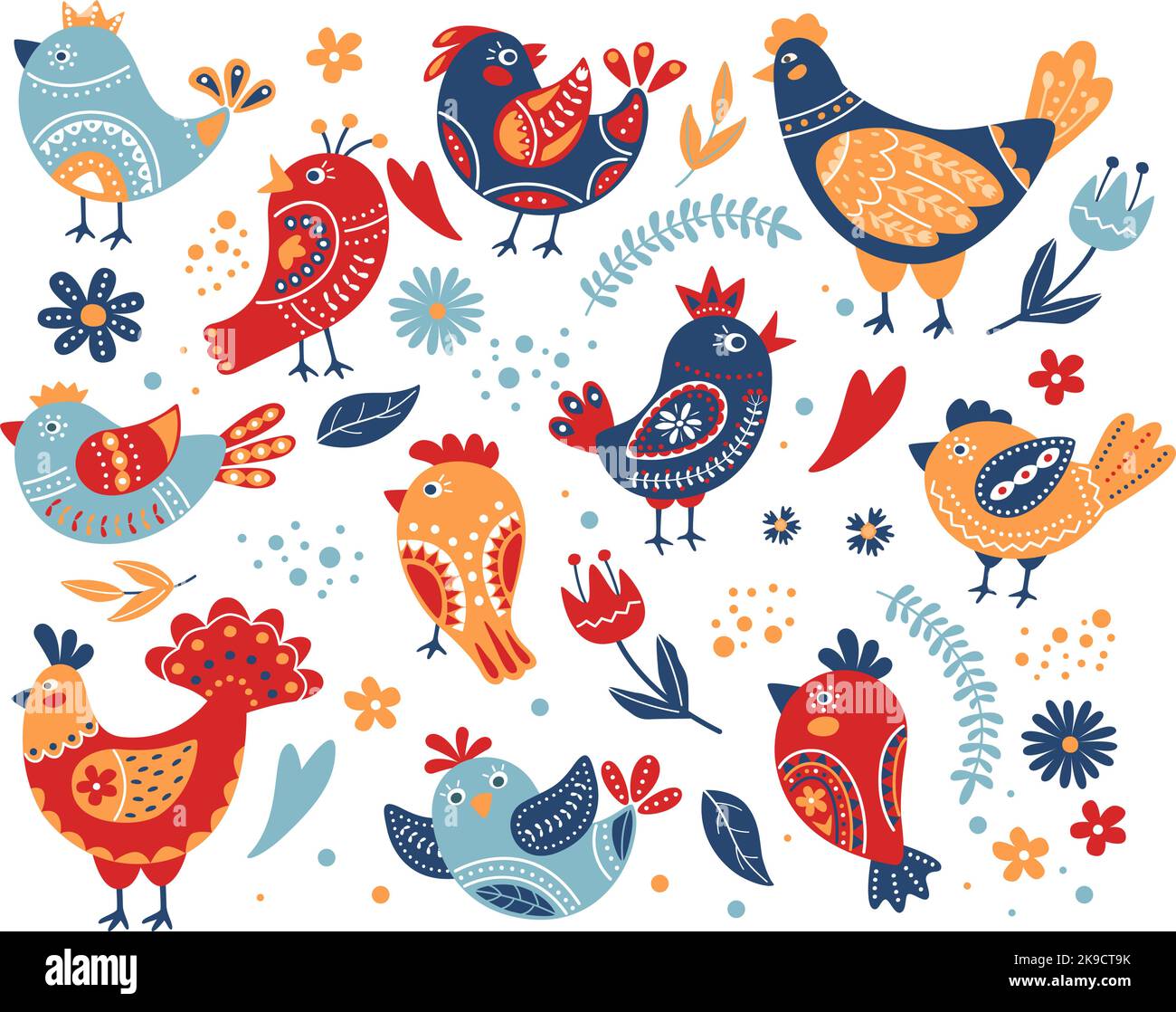 Uccelli carini con ornamenti popolari. Animali etnici con motivi ornamentali e fiori, colorato astratto uccello e pollo vettore Illustrazione Set Illustrazione Vettoriale