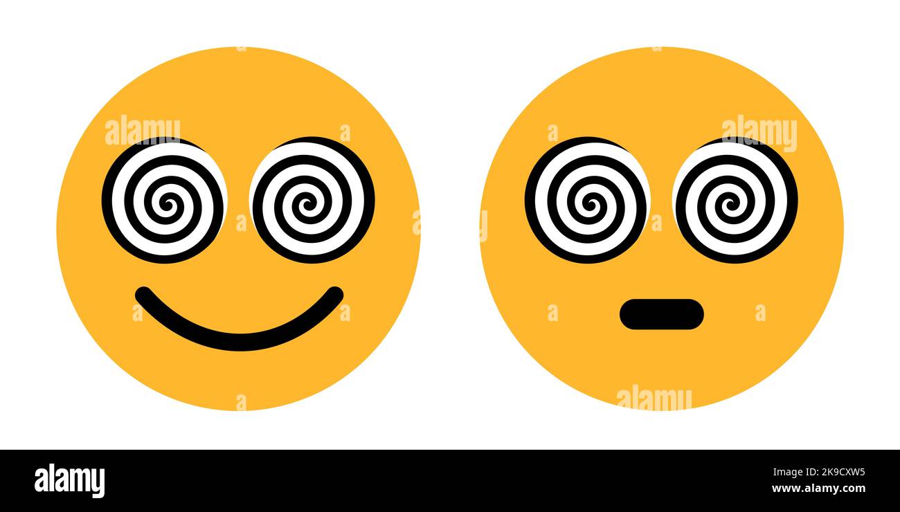 Emoji ed emoticon con occhio ipnotico - persona che è in ipnosi, trance, trans. Metafora della follia, della follia, della follia e della manipolazione psichica. Vettore Foto Stock
