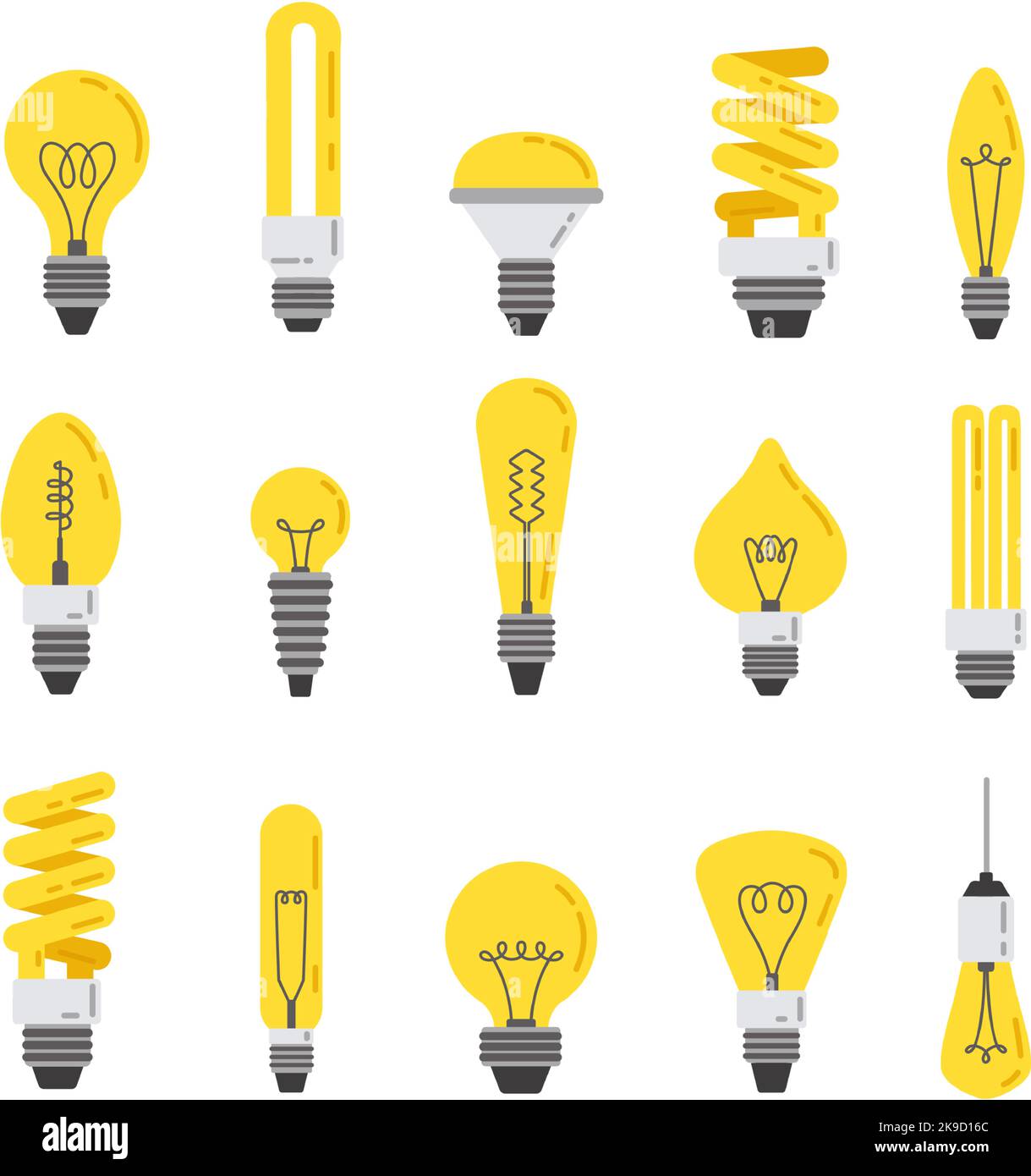 Lampadina piatta. Lampada a incandescenza, luci a LED a risparmio energetico e luminoso set di cartoni animati con simbolo idea Illustrazione Vettoriale