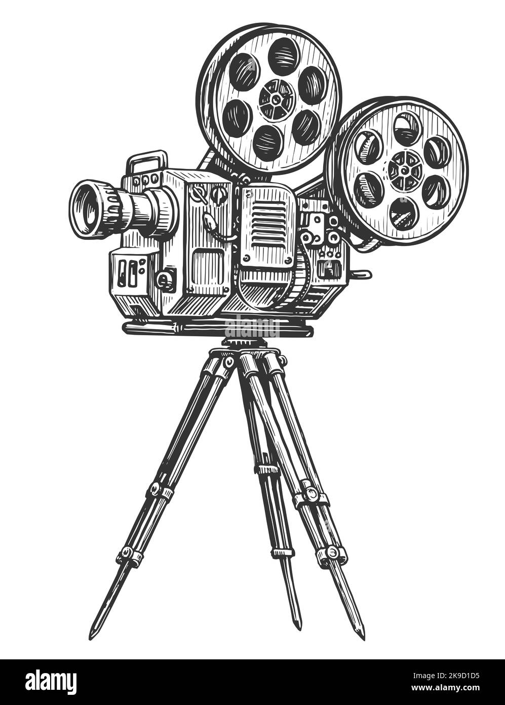Videocamera retro. Proiettore vintage di video disegnato a mano su treppiede. Illustrazione dello schizzo isolata su sfondo bianco Foto Stock