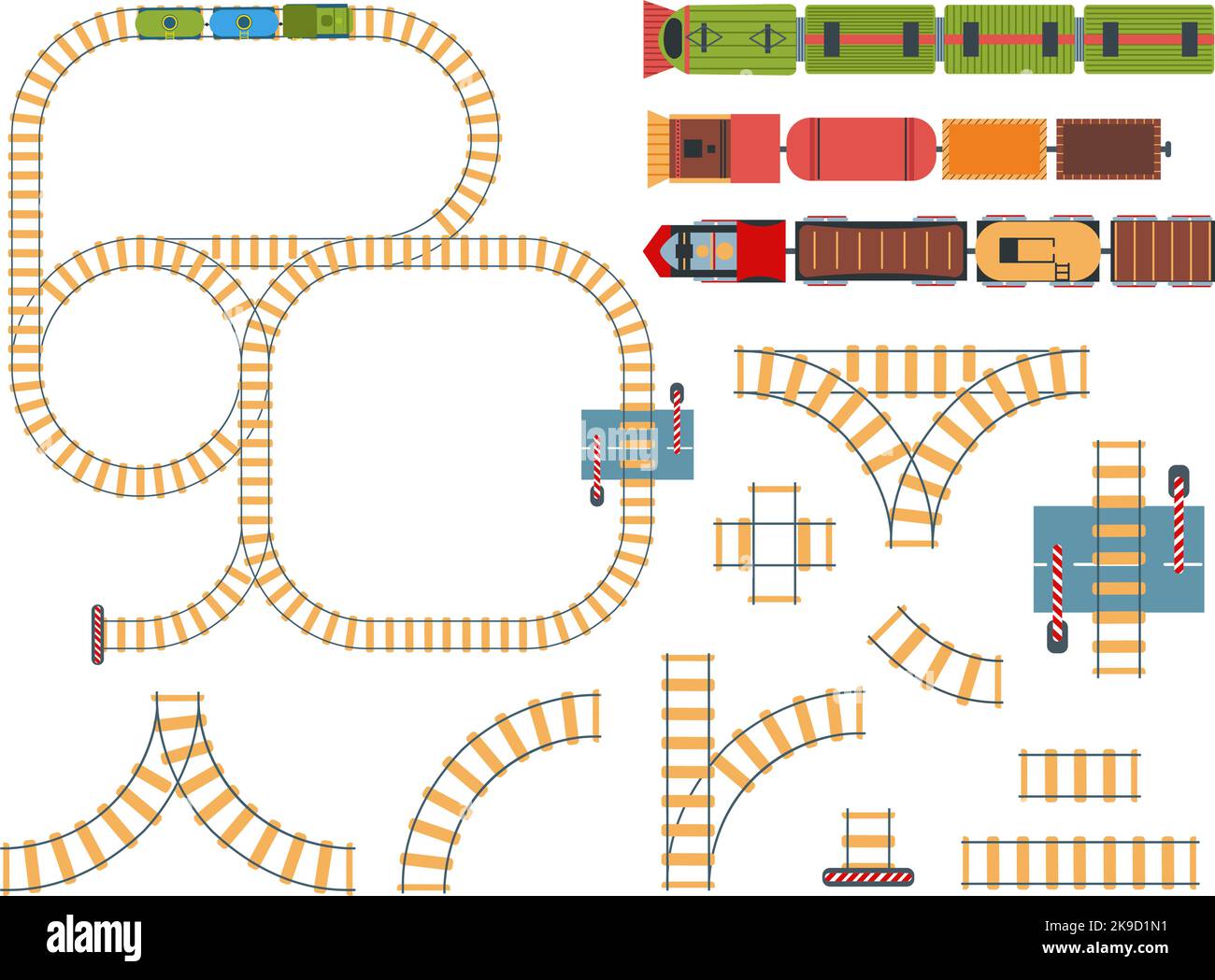 Vista dall'alto delle ferrovie. Costruzione di binari con i treni giocattolo sopra. Rotaie di ralla e di linea con treni sopra, vettore di vista aerea della barriera ferroviaria Illustrazione Vettoriale