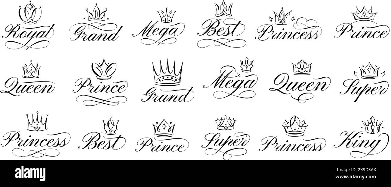 Corone calligrafiche. La regina tiara disegnata a mano, la maestosa corona del re e l'elegante set di coronet fiorito Illustrazione Vettoriale