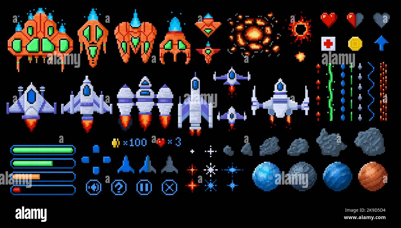 Elementi di gioco spazio di arte di pixel. 8bit astronavi, asteroidi e pianeti. Set di vettori Galaxy Wars arcade Assets Illustrazione Vettoriale