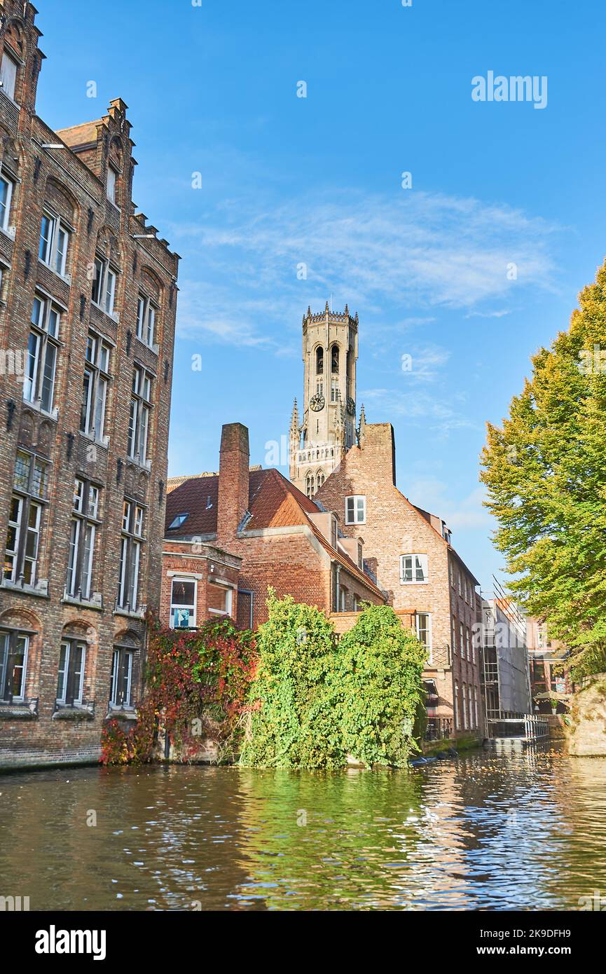 Scena dei canali a Bruges con il campanile di Bruges sopra gli edifici. Foto Stock