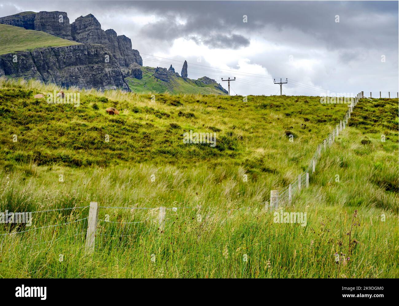 The Storr, oltre in lontananza, un prominente punto di riferimento Skye, scogliera frastagliata, piccola isola di roccia che sporge dall'acqua, strada di montagna accanto al loc Foto Stock