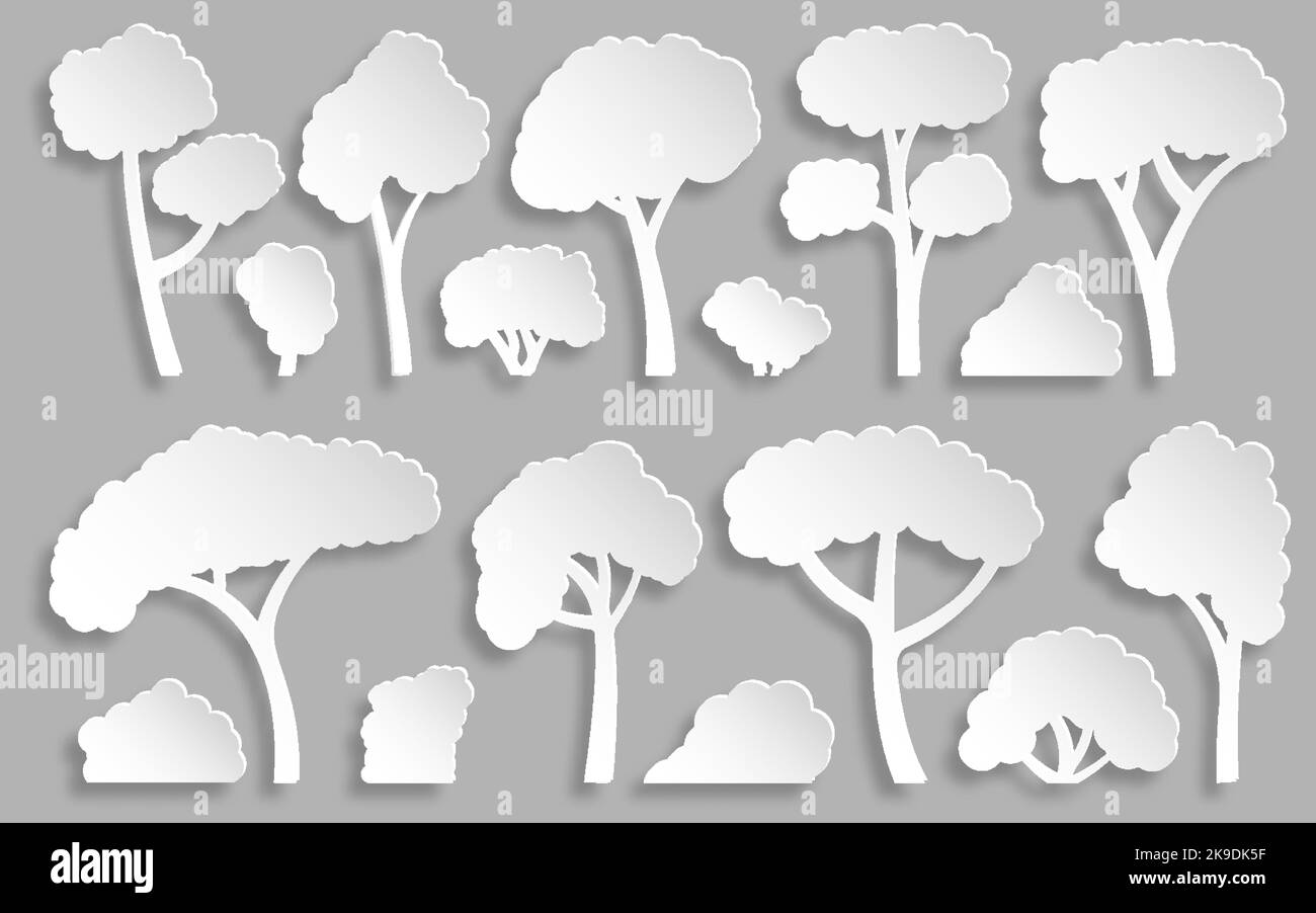 Set di taglio di carta per alberi e cespugli. Foresta fogliame paesaggio floreale esterno piatto elemento di taglio. Pianta del parco botanico di forma diversa. Kirigami giardino naturale eco. Acero quercia betulla aspen frassino silhouette bianca Illustrazione Vettoriale