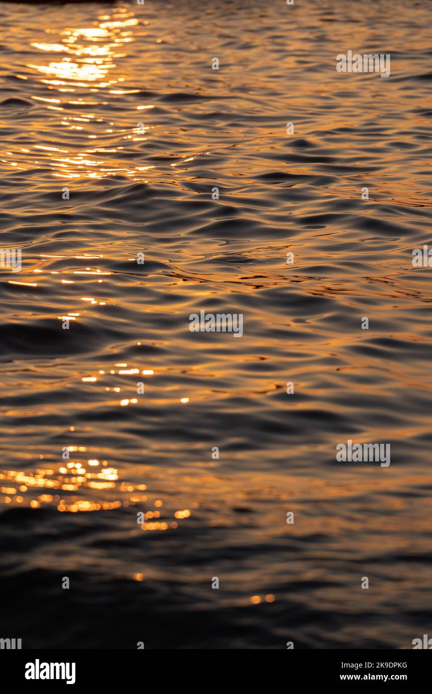 Ripple acqua mare oceano superficie con luce tramonto dorato. Primo piano dell'onda di mare Foto Stock