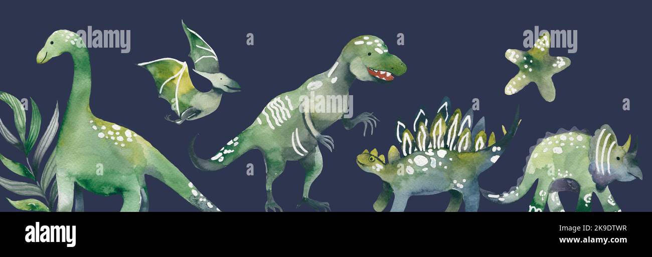 Molti dinosauri su tavola di legno. Acquerello Jurassic bordo con dino. Poster Dino Park. Foto Stock