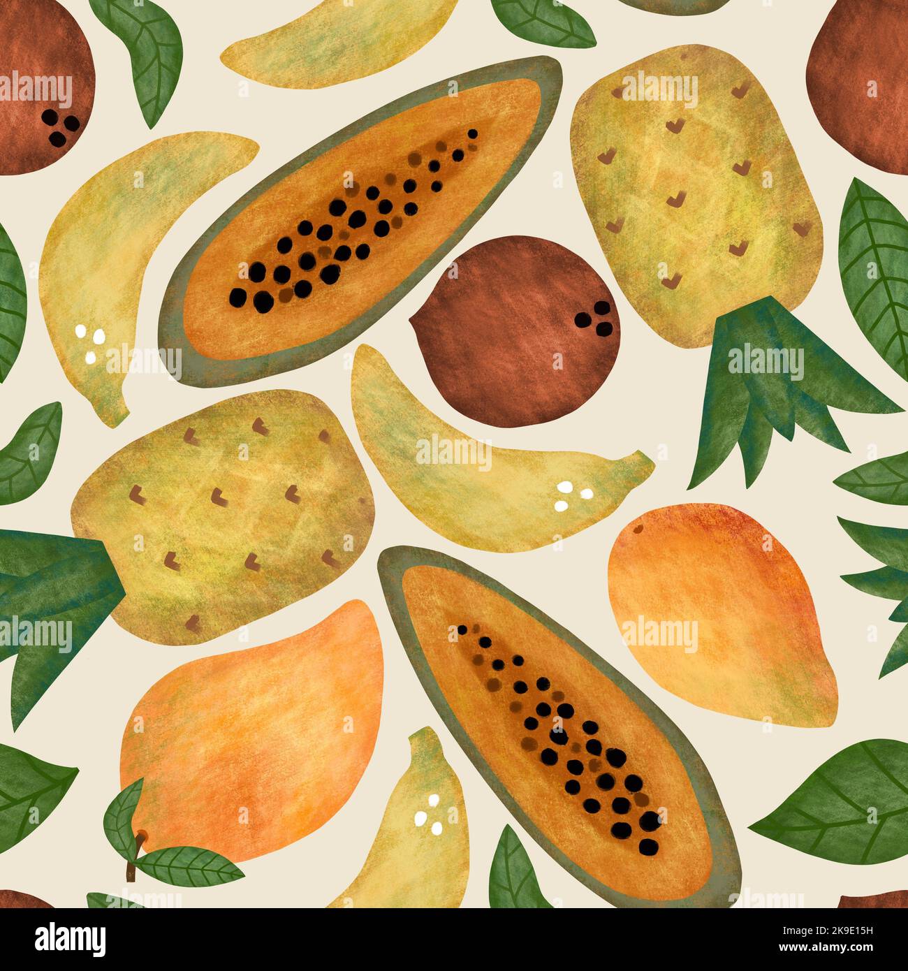 Frutti tropicali senza cuciture con mango colorato, banane, ananas, pitahaya, foglie verdi e rami di palma. Frutti esotici. Foto Stock