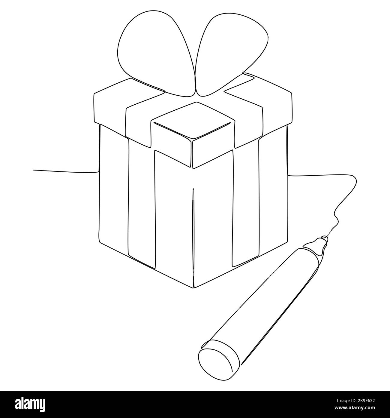 Una linea continua di confezione regalo scritta con una matita. Concetto di vettore di illustrazione a linea sottile. Disegno di contorno idee creative. Illustrazione Vettoriale