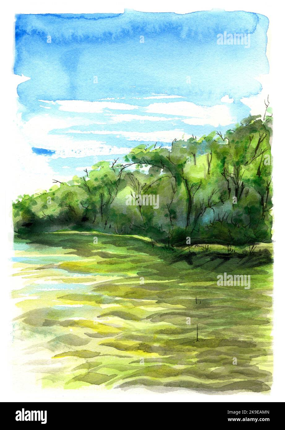 Riva estiva del fiume, pittura acquerello. Paesaggio con acqua, alberi e cielo blu. Foto Stock