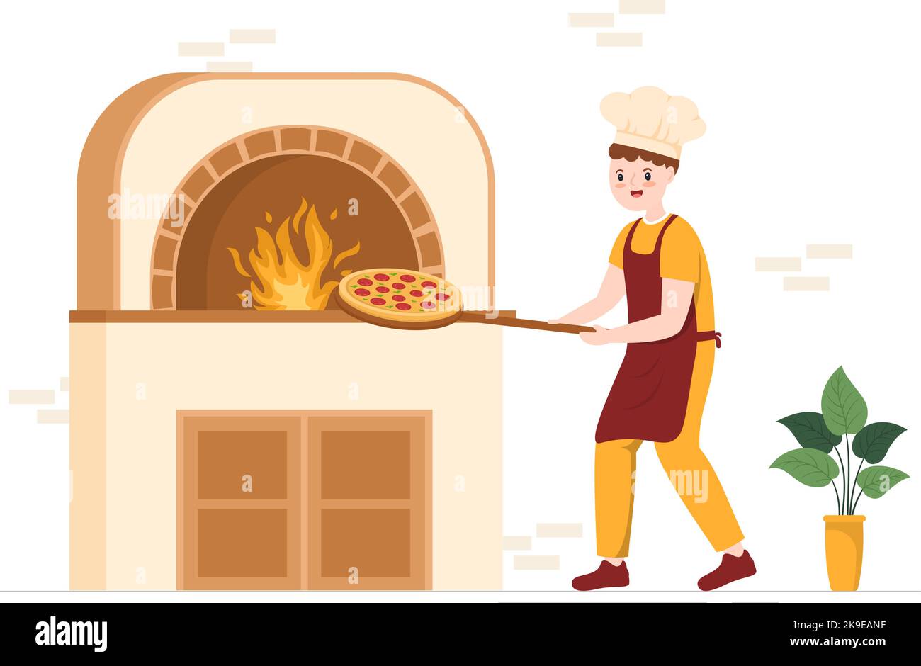 Italian Food Restaurant o Cafeteria con Chef Making piatti tradizionali italiani Pizza disegnata a mano Cartoon Template Illustrazione Illustrazione Vettoriale