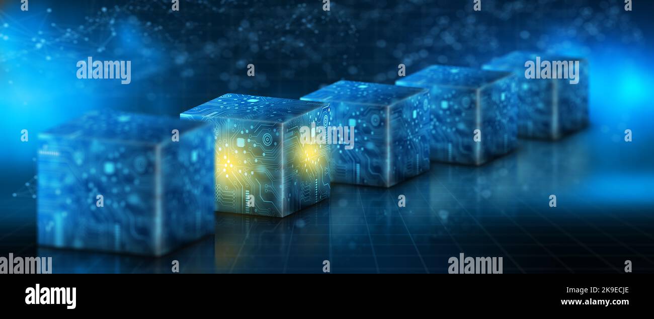 Tecnologia Cube su punto di convergenza del circuito con sfondo blu astratto. Sistema di rete Blockchain. Elaborazione dello storage dei big data, dati cloud. Foto Stock