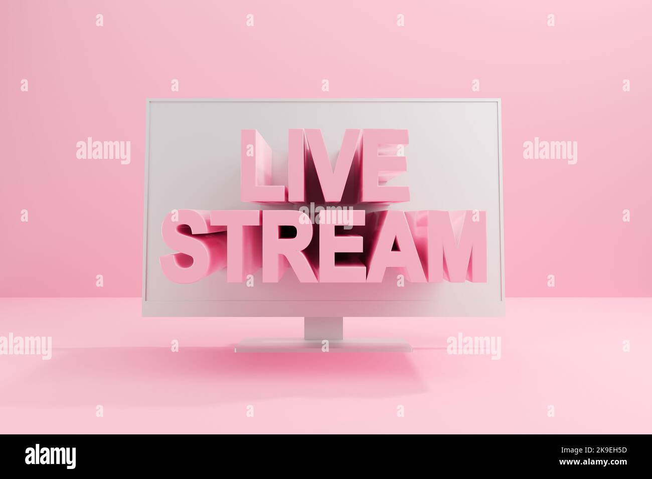 Trasmissione live streaming online sul concetto Internet. La parola LIVE STREAM viene visualizzata dallo schermo del computer. Rendering 3D. Foto Stock