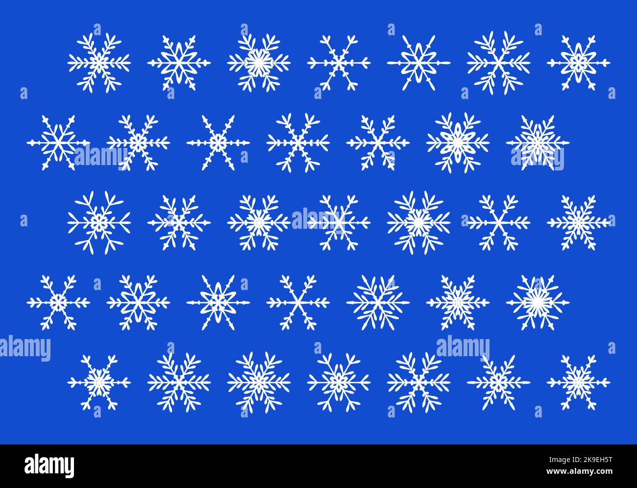 Fiocchi di neve impostato per la decorazione di Natale. Raccolta di fiocchi di neve per i biglietti d'auguri delle vacanze invernali. Elementi di neve semplici. Illustrazione Vettoriale