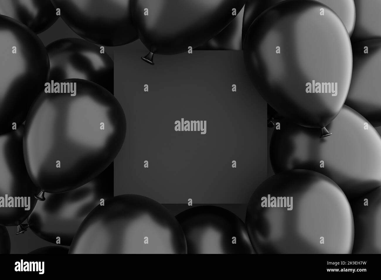 Vuoto nero segno vuoto o cornice circondata da palloncini neri ad aria. Sfondo o beffa per celebrazioni, feste, saluti e inviti. Rendering 3D Foto Stock