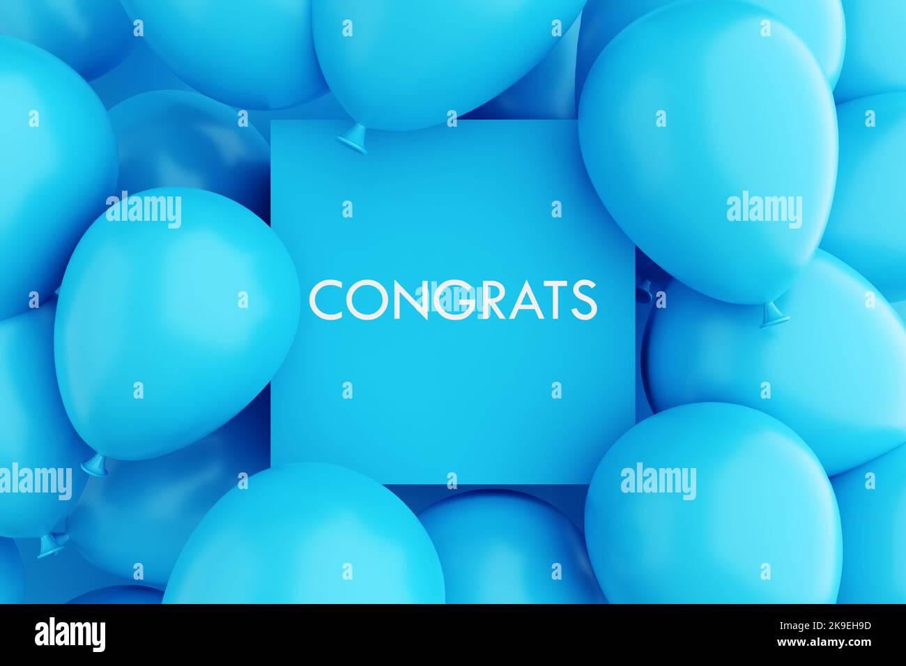 Cornice segno blu con il messaggio CONGRATS circondato da palloncini blu d'aria. Messaggio di congratulazioni. Rendering 3D. Foto Stock
