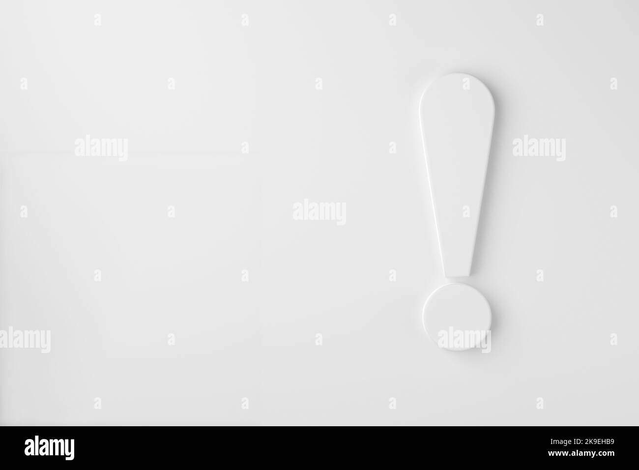 Punto esclamativo su sfondo bianco con spazio di copia. Rendering 3D. Foto Stock