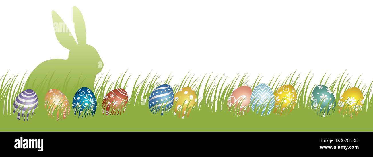 Pasqua vettore sfondo Illustrazione con campo erboso, un coniglietto di Pasqua Silhouette, e uova colorate isolato su uno sfondo bianco. Illustrazione Vettoriale