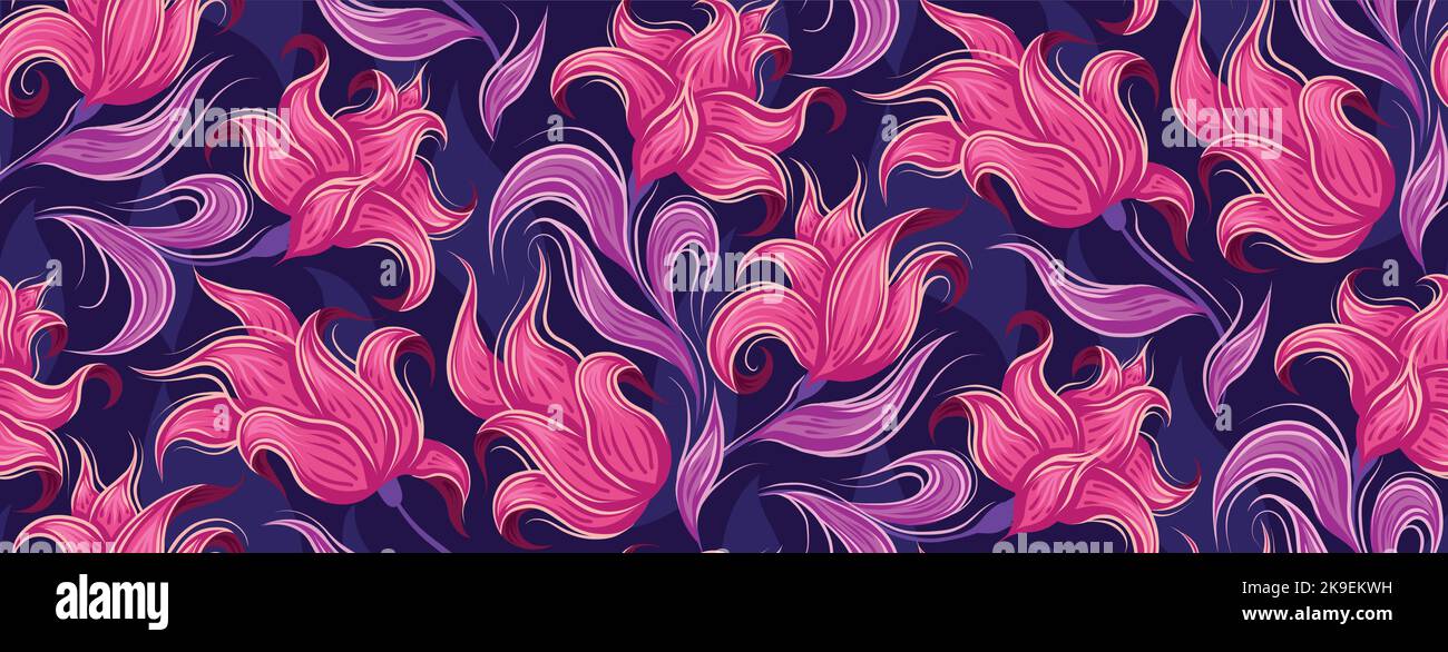 Motivo vettoriale con favolosi fiori rosa ricci. Fantastica texture floreale su sfondo viola scuro per sfondi e tessuti Illustrazione Vettoriale