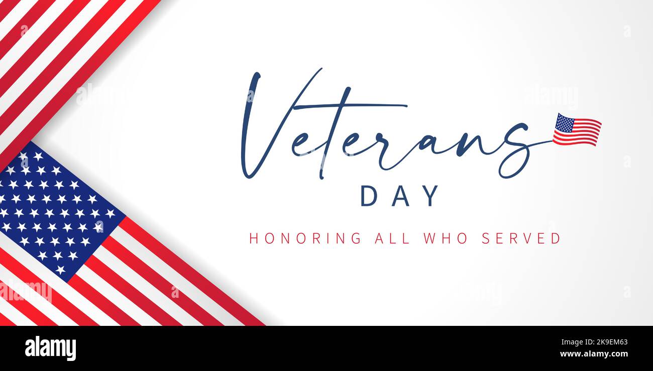 Veterans Day, onorando tutti coloro che hanno servito - banner con bandiere USA. Biglietto d'auguri per le festività degli Stati Uniti con bandiera e palloncini. Modello vettore Illustrazione Vettoriale