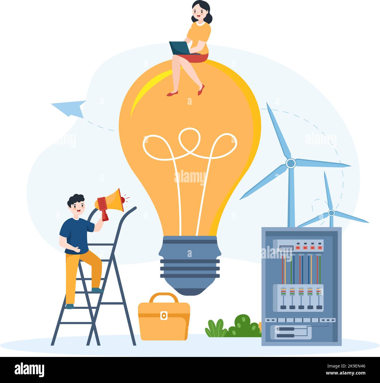 Illuminazione ed energia elettrica manutenzione pannello di servizio armadio del tecnico lavori elettrici su cartoon piano modelli disegnati a mano Illustrazione Illustrazione Vettoriale