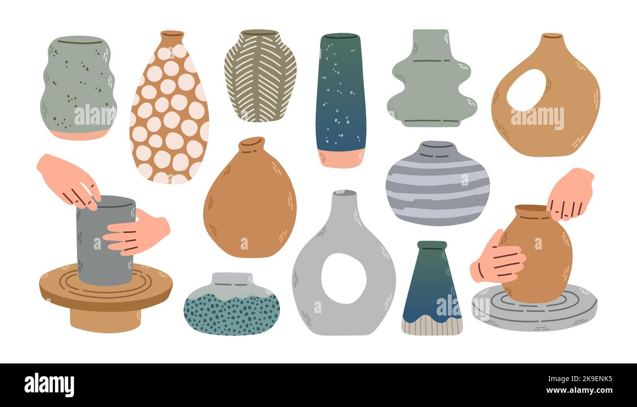 Vari vasi in ceramica. Forme diverse. Laboratorio di ceramica, ruota di ceramica. Set vettoriale disegnato a mano. Illustrazione alla moda. Illustrazione Vettoriale