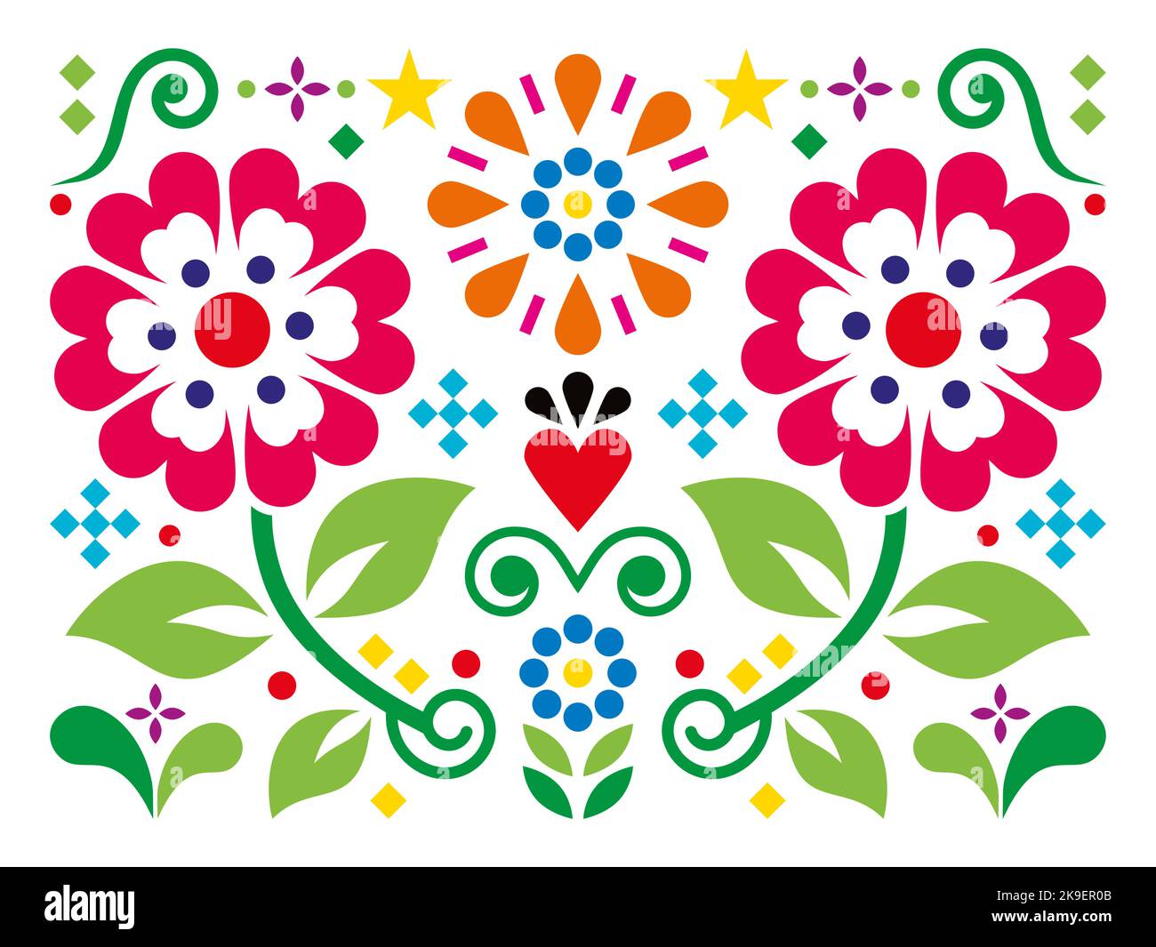 Biglietto d'auguri di stile messicano folkloristico o design d'invito con cuore, fiori e foglie Illustrazione Vettoriale