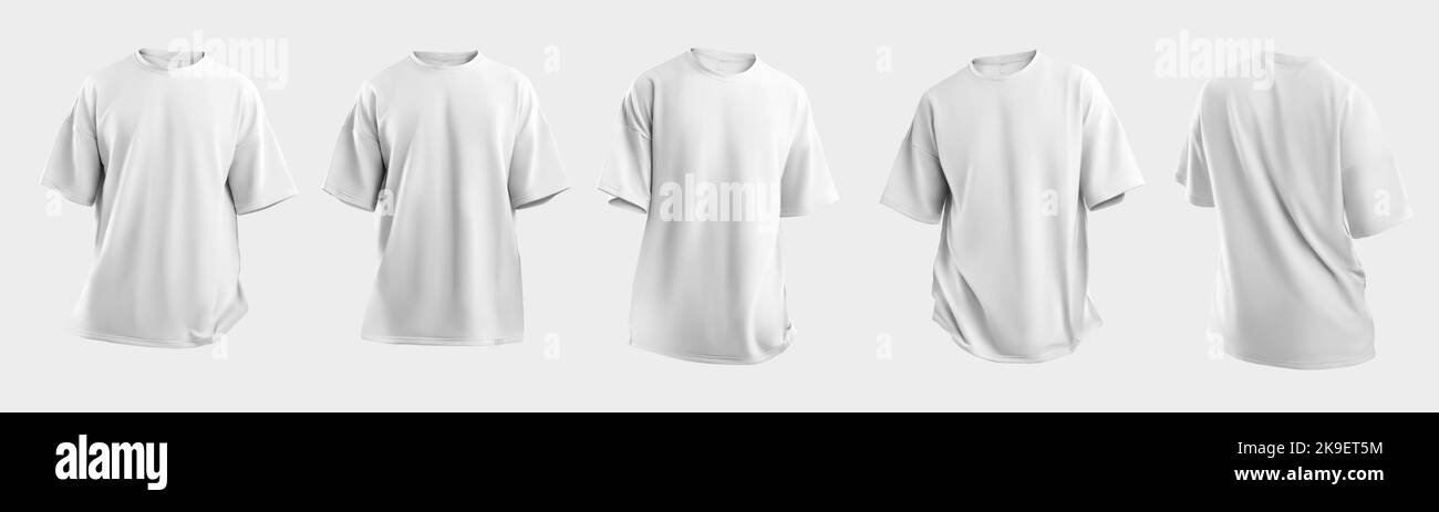 Set Mockup di una T-shirt oversize bianca in 3D, con collo rotondo, abbigliamento universale per donne, uomini, isolato sullo sfondo. Modello di moda Foto Stock