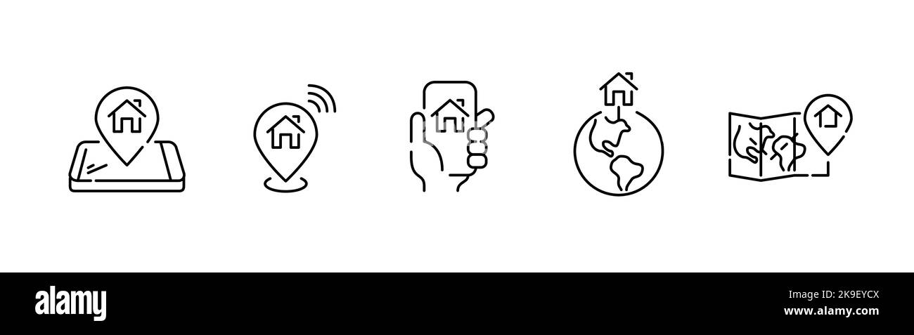 Serie di icone di posizione casa. Puntatore su smartphone, globo terrestre e mappa. Pixel Perfect, grafica del tratto modificabile Illustrazione Vettoriale