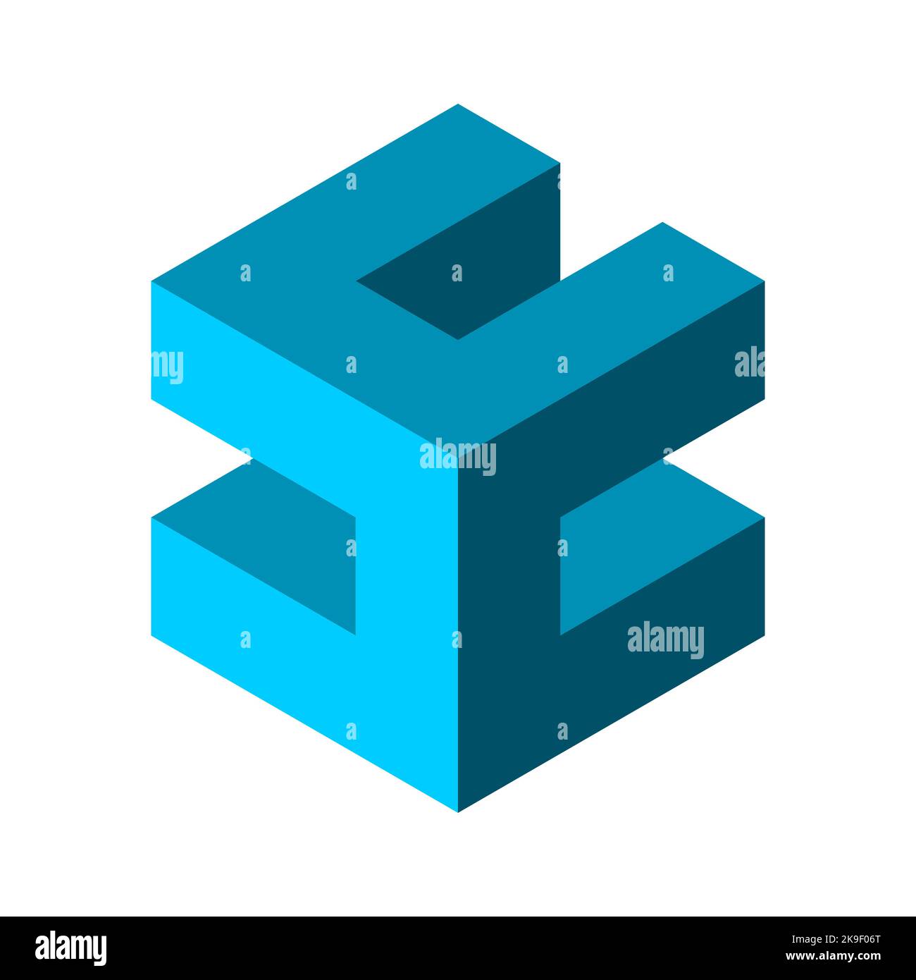 Modello del logo UCC delle lettere. Blu astratto 3D cubo. Elemento di design a cubo esagonale. Architettura, edilizia, edilizia. Forma geometrica della scatola. Illustrazione Vettoriale